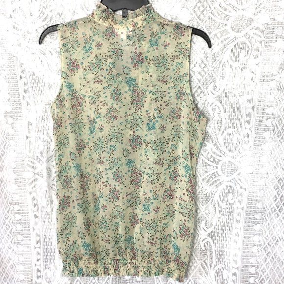 Grane Floral Tank Top L Purple Aqua Blue Creme Tan Semi Sheer Stretch Ruffle - Picture 7 of 9